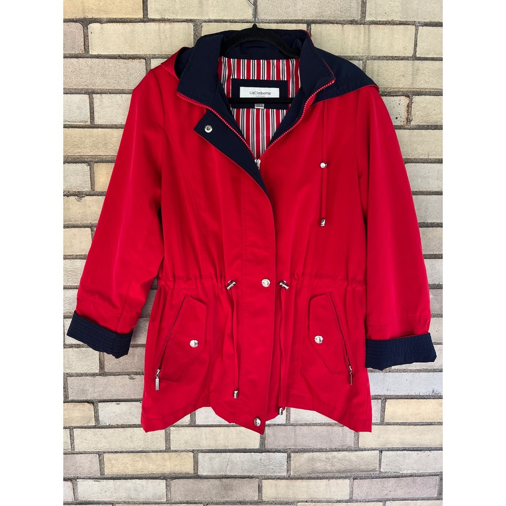 Liz Claiborne Red Hooded Anorak Jacket Navy Trim Nautical Medium Petite MP - Picture 1 of 7